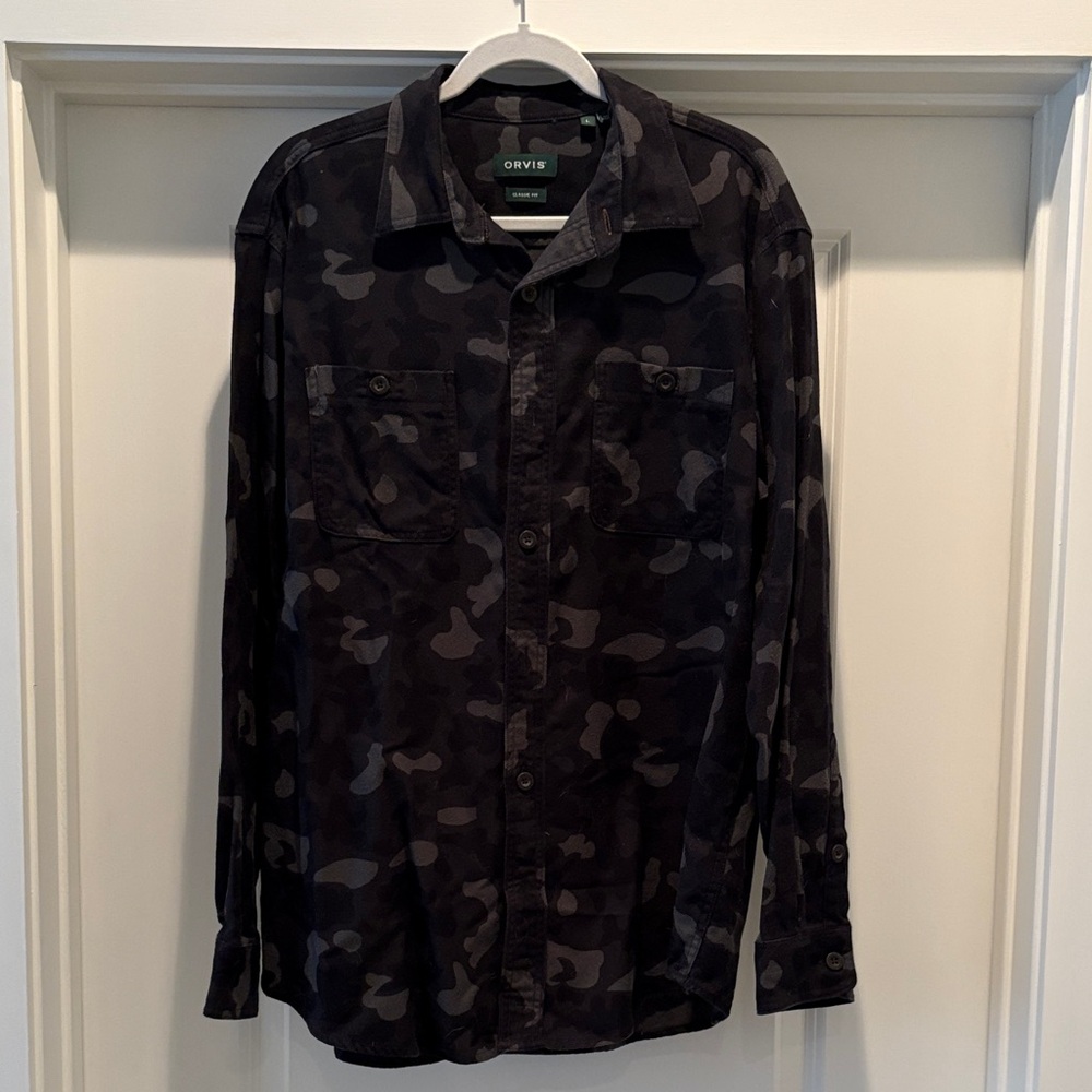 Orvis Black/Grey Camouflage Long Sleeve Flannel Shirt size Large